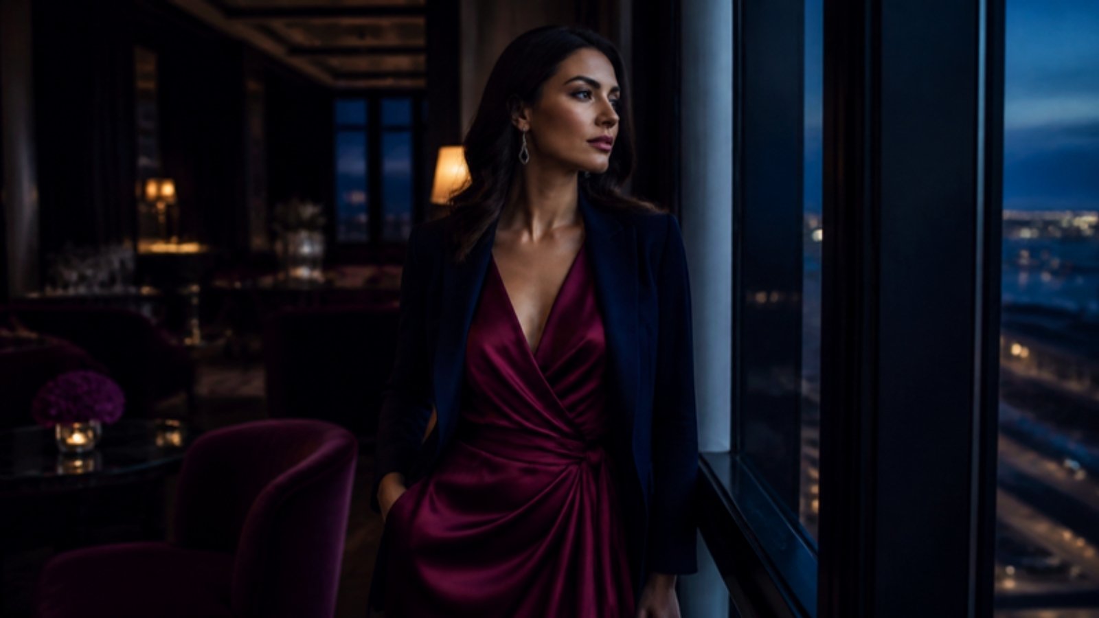 Young woman with deep brunette hair by tall windows in an evening hotel lounge wearing a raspberry silk dress and navy blazer, in Dark Summer colors