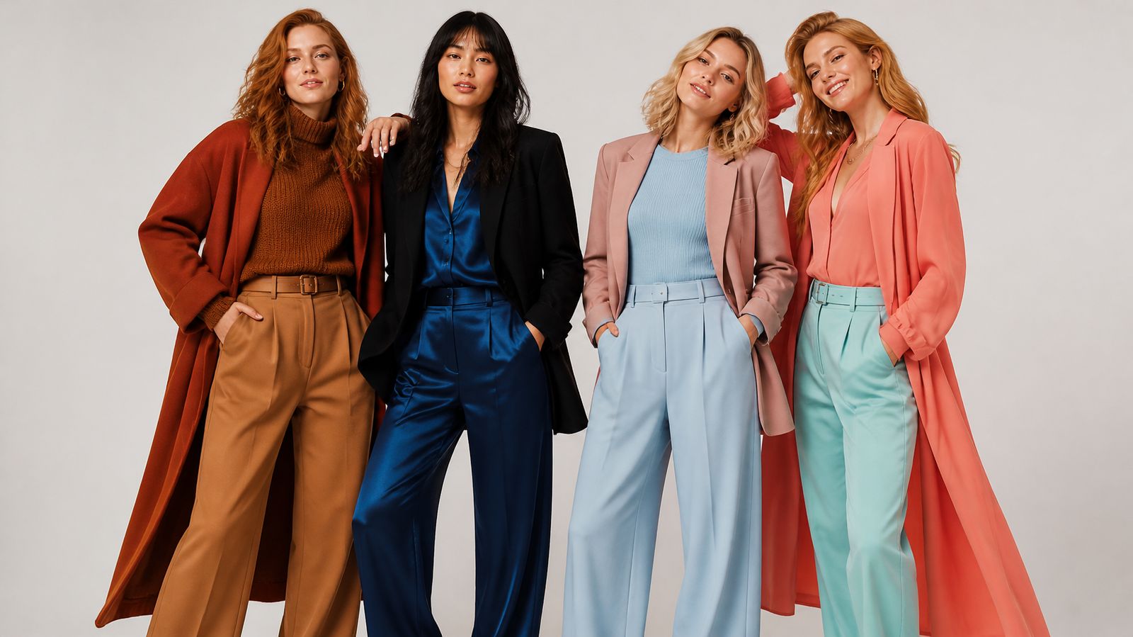 Four young women each dressed in a different color season: rust and camel, sapphire and black, dusty rose and powder blue, coral and aqua