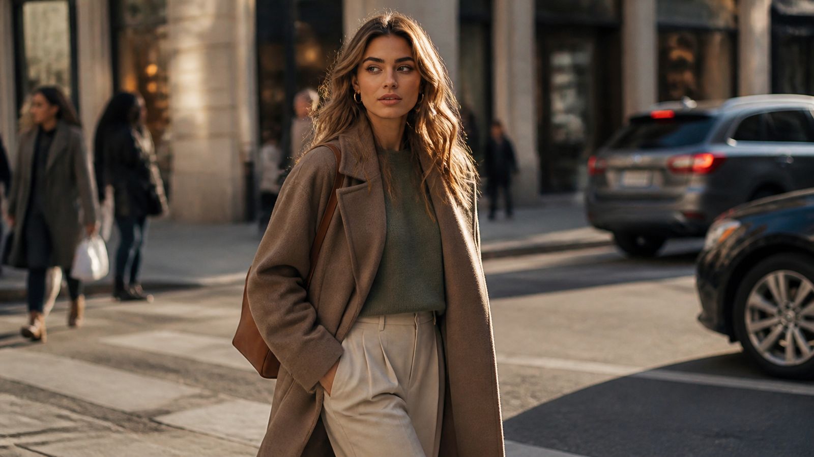 Young woman walking a city street in a taupe wool coat, sage knit and oatmeal trousers, wearing Soft Autumn colors