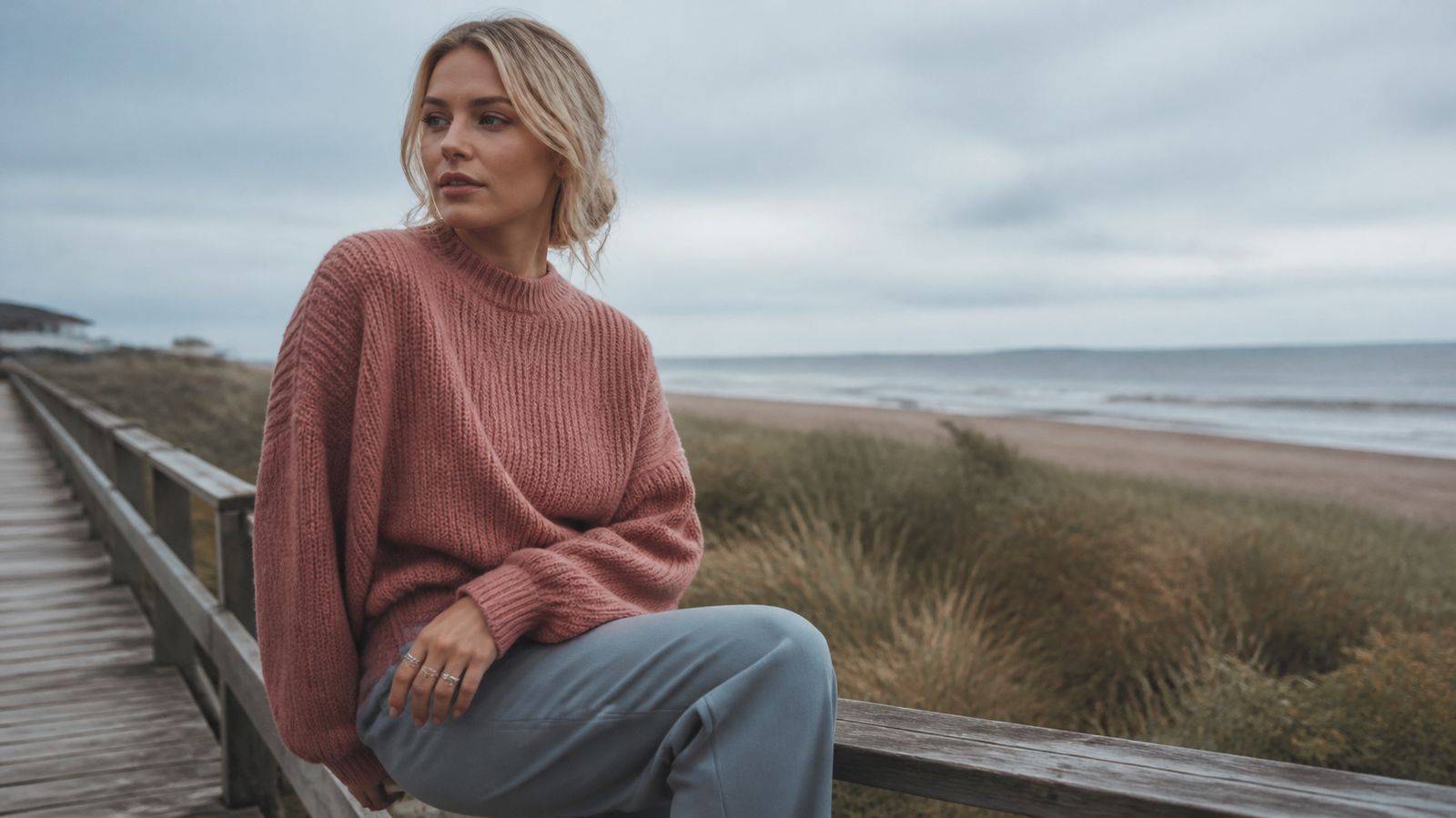 Young woman with ash-blonde hair in a dusty rose sweater and blue-gray trousers on a seaside boardwalk, wearing Soft Summer colors