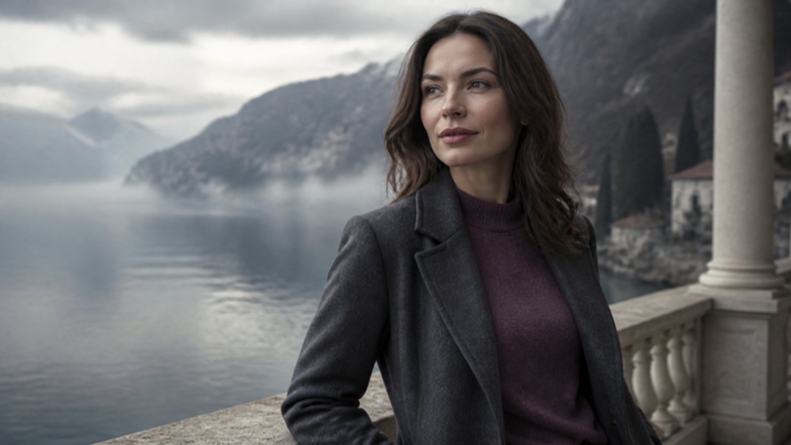 Young woman with dark ash-brown hair on a stone terrace above a misty lake in a plum sweater and charcoal coat, wearing Soft Winter colors
