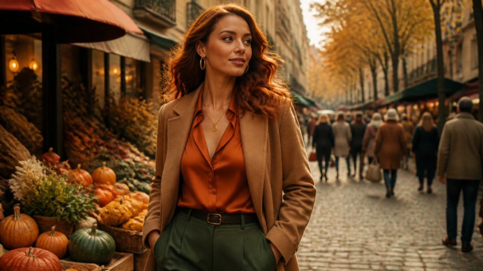 Young woman with auburn hair walking through an autumn market street in a camel coat, rust silk blouse and olive trousers, wearing True Autumn colors