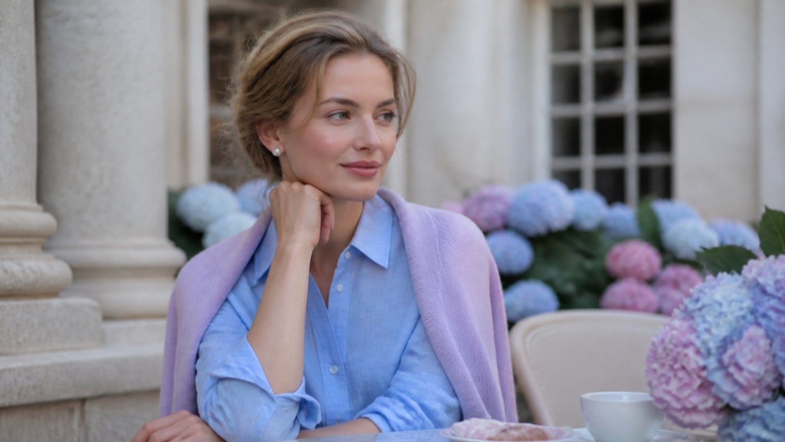 Young woman with light ash-brown hair at a café table in a hydrangea courtyard wearing a powder blue shirt and lavender cardigan, in True Summer colors