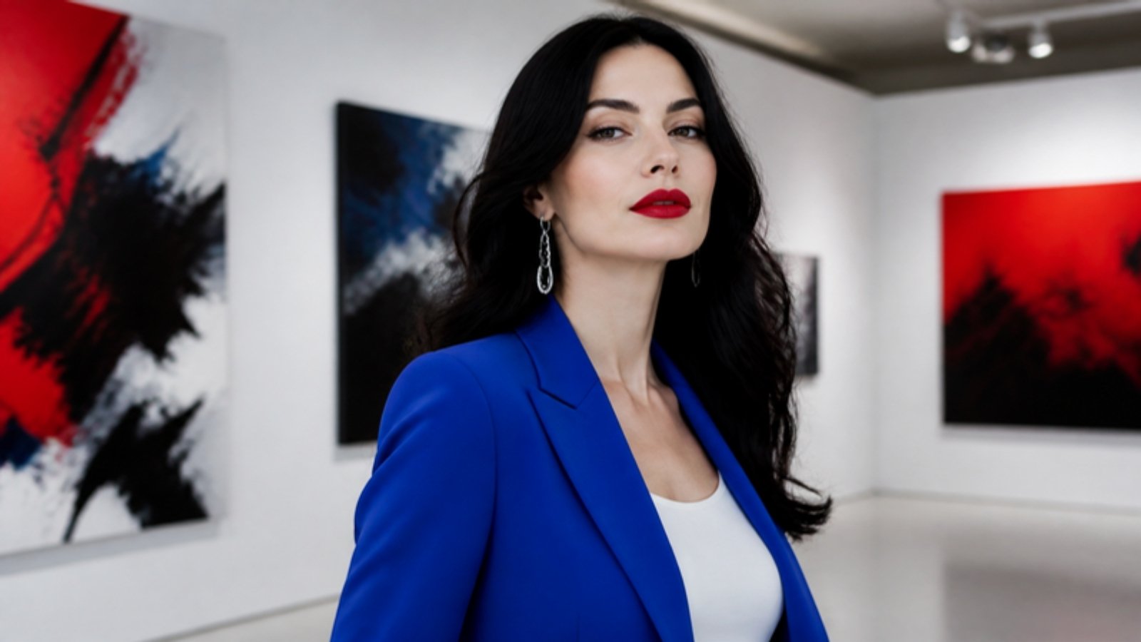 Young woman with jet-black hair in a modern art gallery wearing a cobalt blue blazer, white top and red lipstick, in True Winter colors
