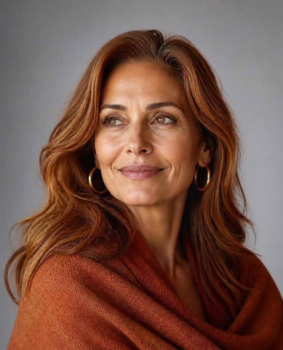 Woman with auburn hair in a rust cashmere wrap and gold earrings, representing the Autumn palette