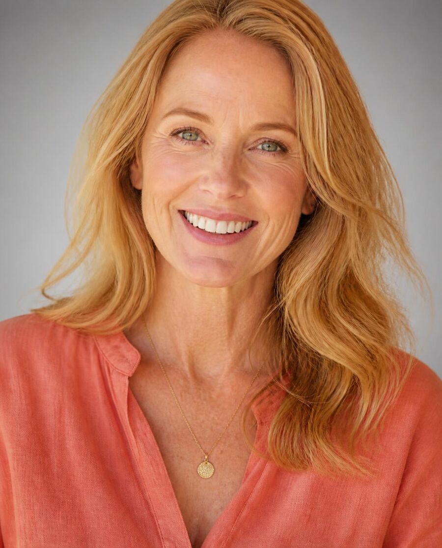 Woman with strawberry-blonde hair in a coral top and gold necklace, representing the Spring palette