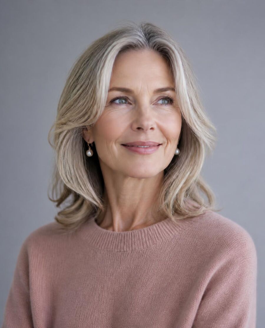 Woman with silver hair in a dusty rose sweater and pearl earrings, representing the Summer palette