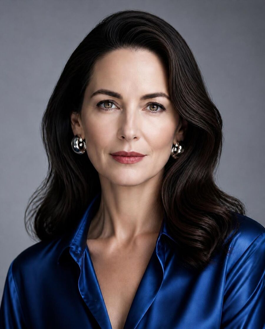 Woman with dark espresso hair in a sapphire silk blouse, representing the Winter palette